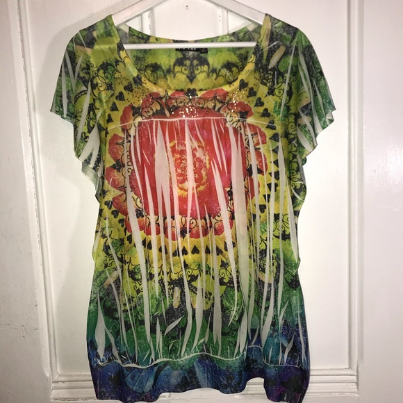 Apt. 9 Tops - Apt 9 Sheer Floral Gold Studded Flutter Sleeve Top